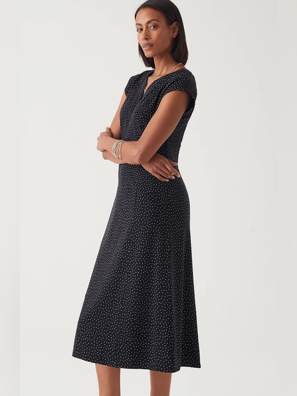 NEW J. Jill Wearever Seamed Split Neck Midi Dress Black Polka Dots XL Minimalist